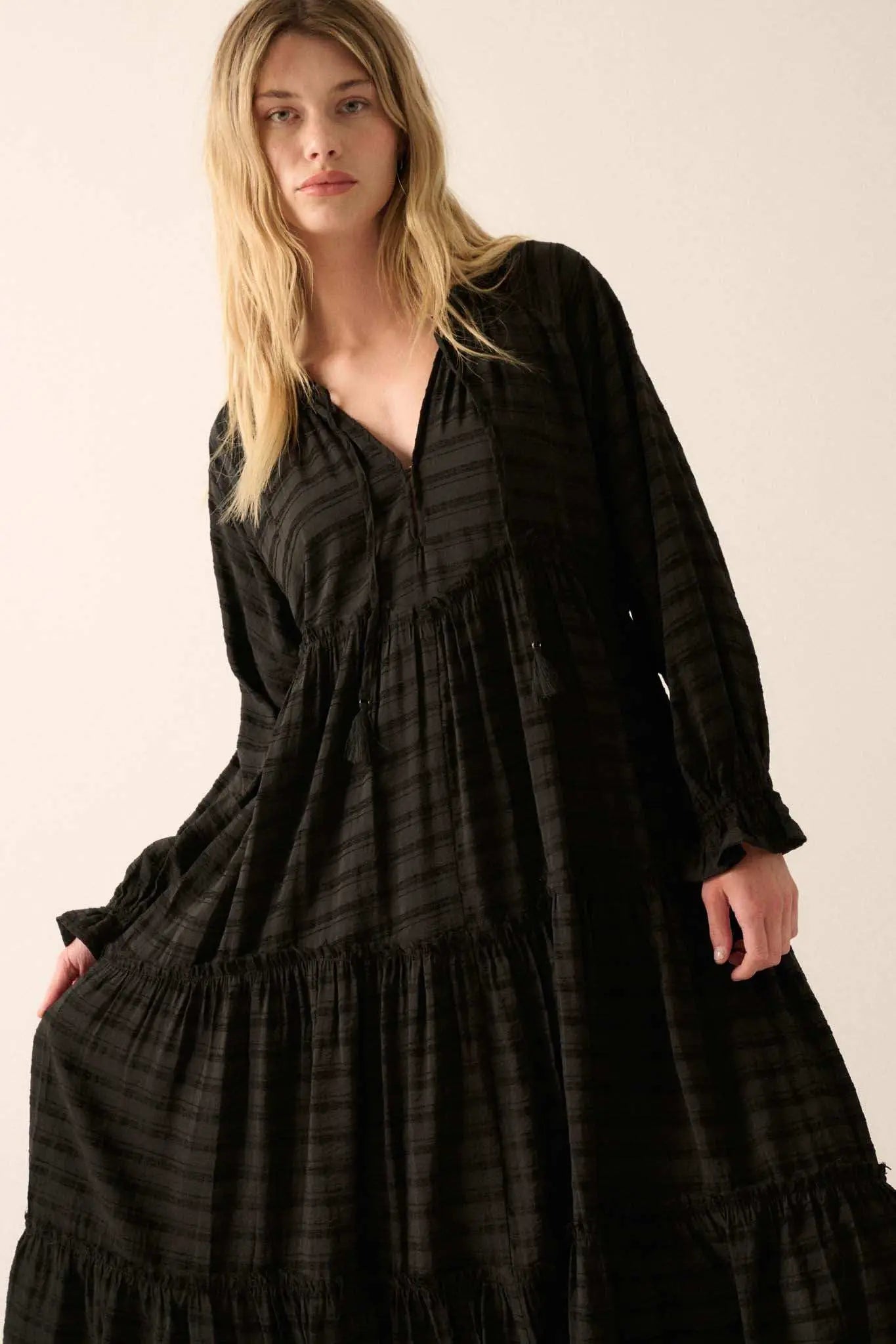 Begin Again Tiered Tonal-Stripe Midi Prairie Dress Coconut Milk / L Begin Again Tiered Tonal-Stripe Midi Prairie Dress Coconut Milk / L
