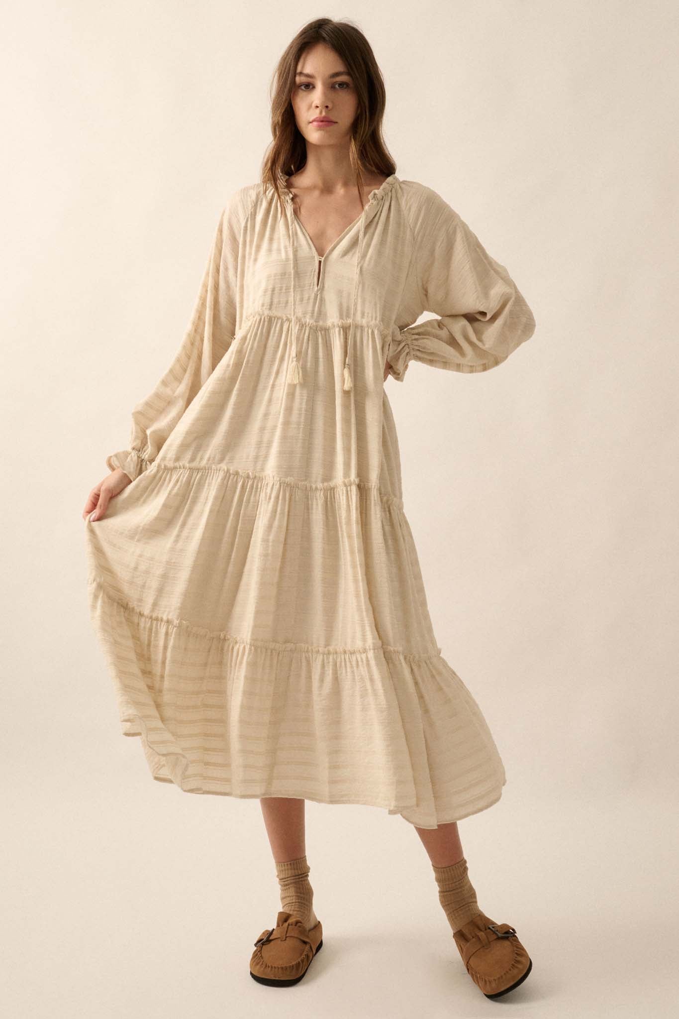 Begin Again Tiered Tonal-Stripe Midi Prairie Dress - ShopPromesa