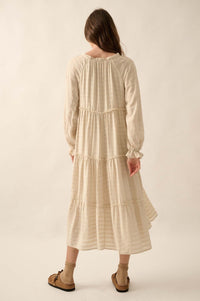 Begin Again Tiered Tonal-Stripe Midi Prairie Dress - ShopPromesa