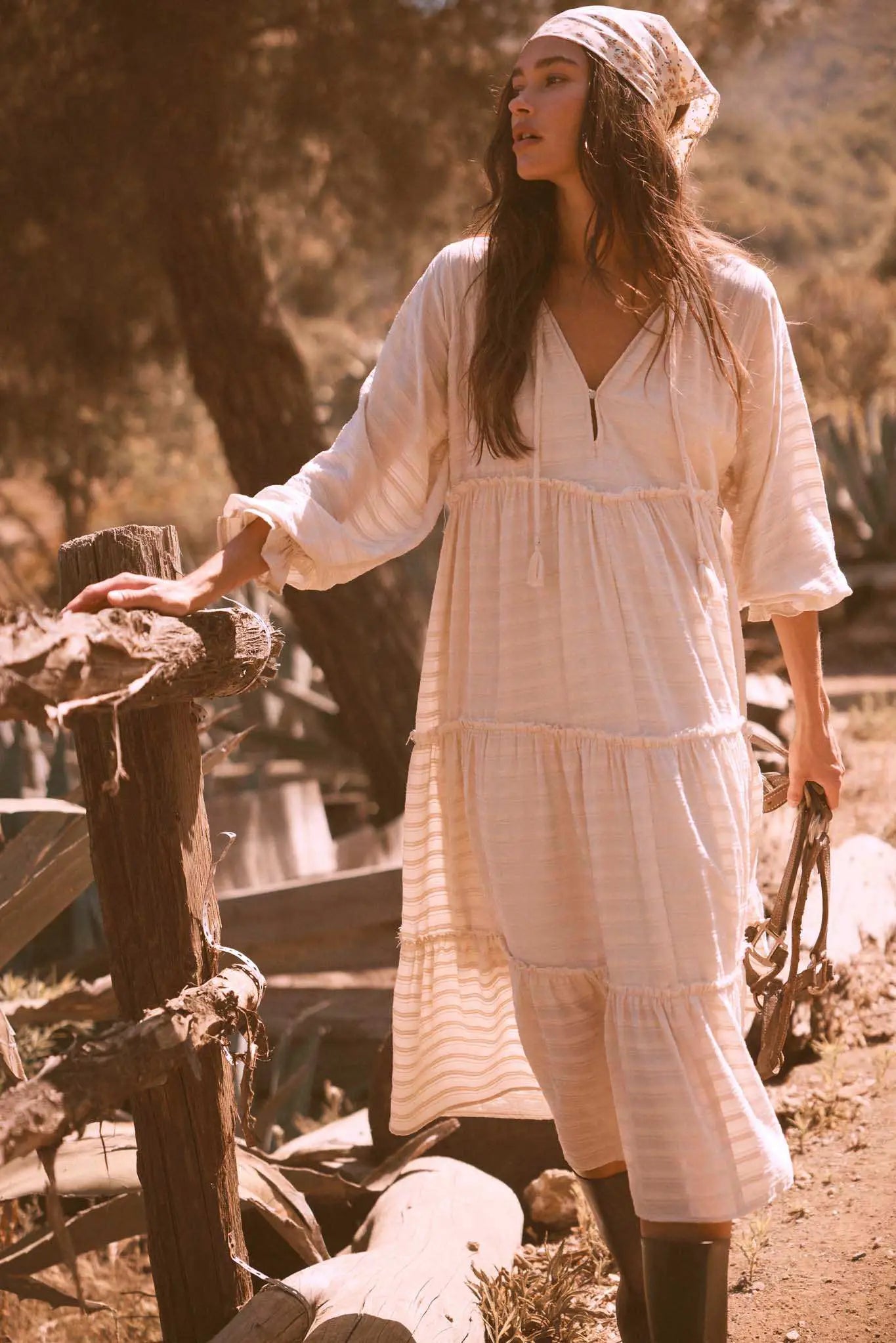 Begin Again Tiered Tonal-Stripe Midi Prairie Dress Coconut Milk / L Begin Again Tiered Tonal-Stripe Midi Prairie Dress Coconut Milk / L