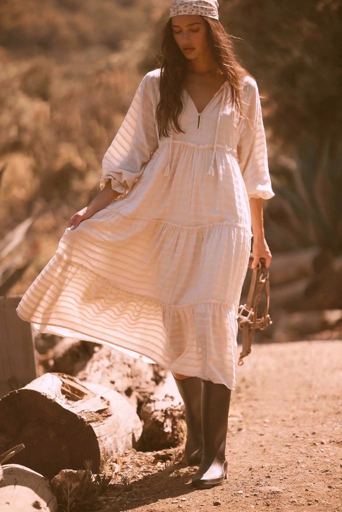 prairie dress white Begin Again Tiered Tonal-Stripe Midi Prairie Dress Coconut Milk / L
