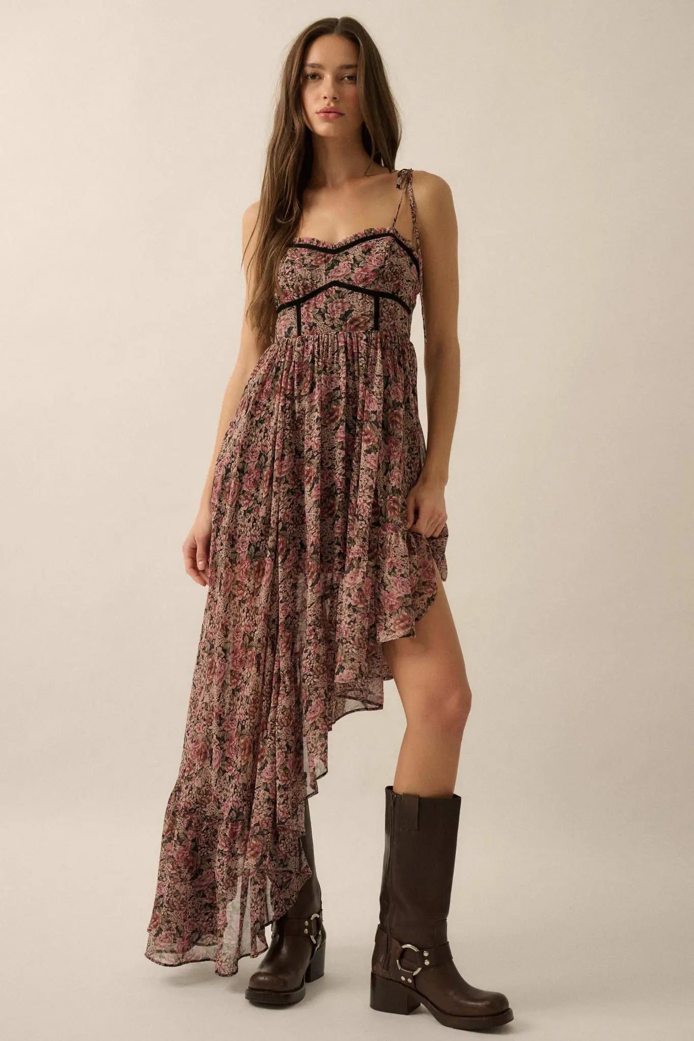 Floral Winds Asymmetrical Chiffon Maxi Dress - ShopPromesa