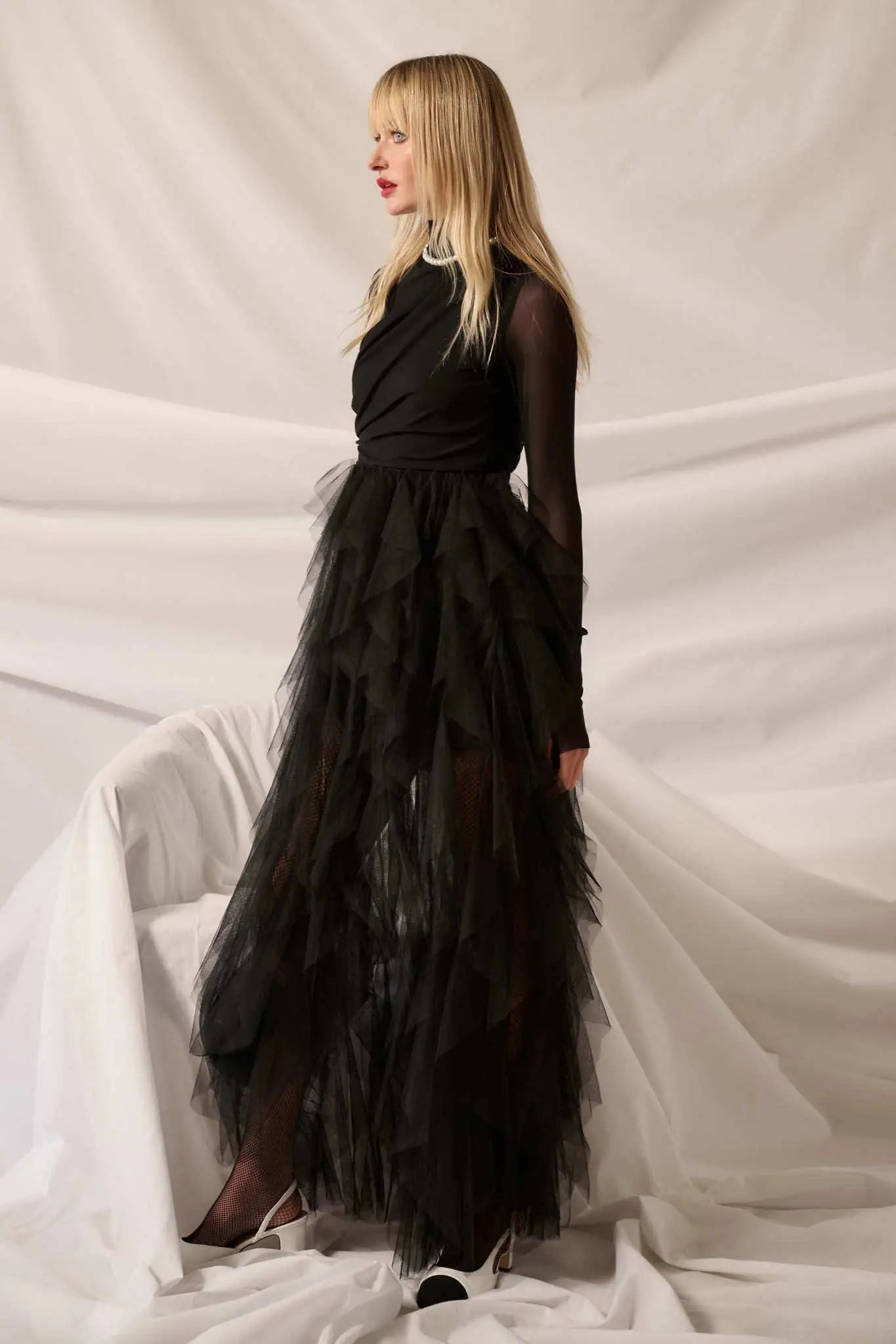 Queen of The Night Tiered Ruffled Tulle Maxi Dress, Black / M Queen of The Night Tiered Ruffled Tulle Maxi Dress, Black / M