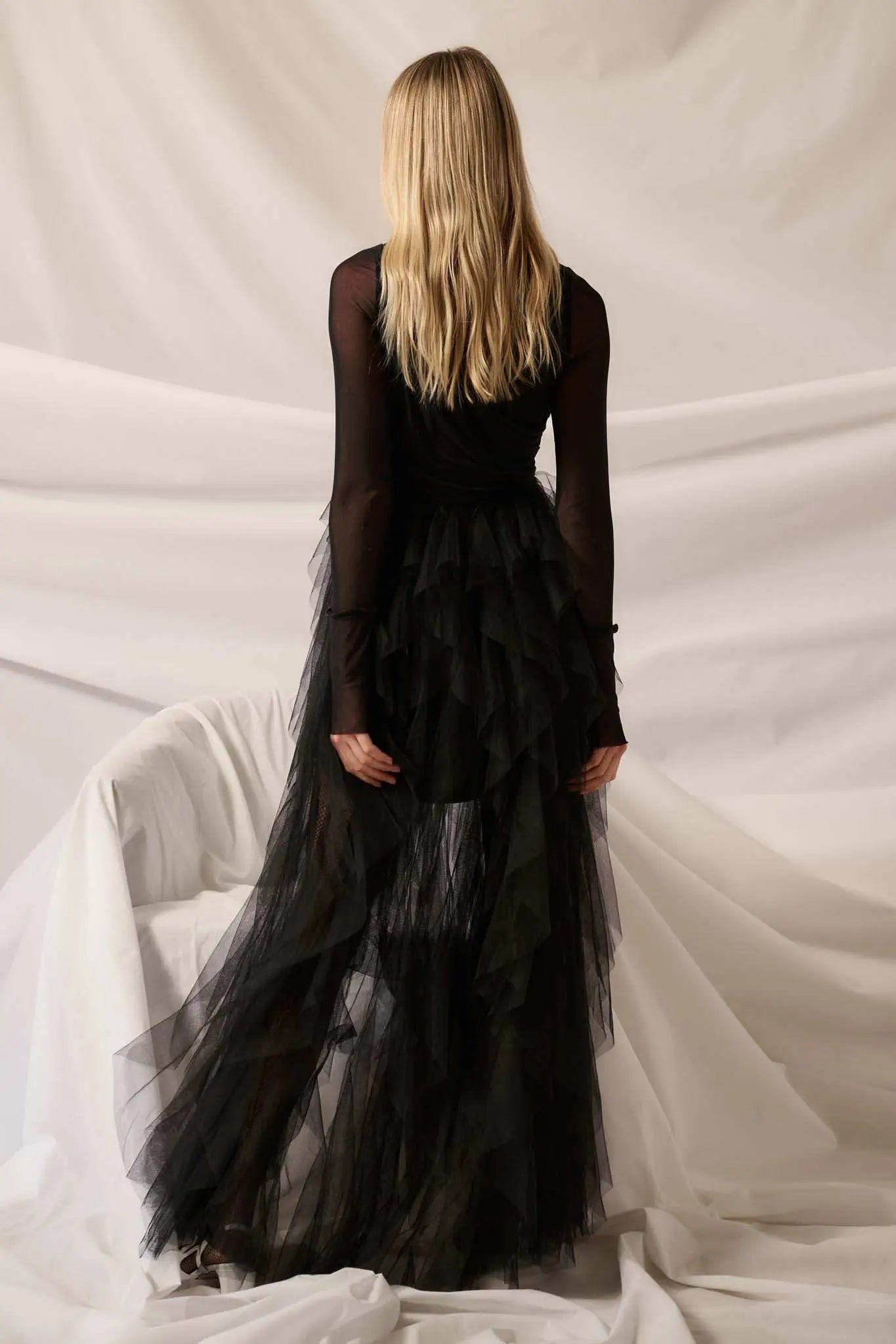 Queen of the Night Tiered Ruffled Tulle Maxi Dress - ShopPromesa