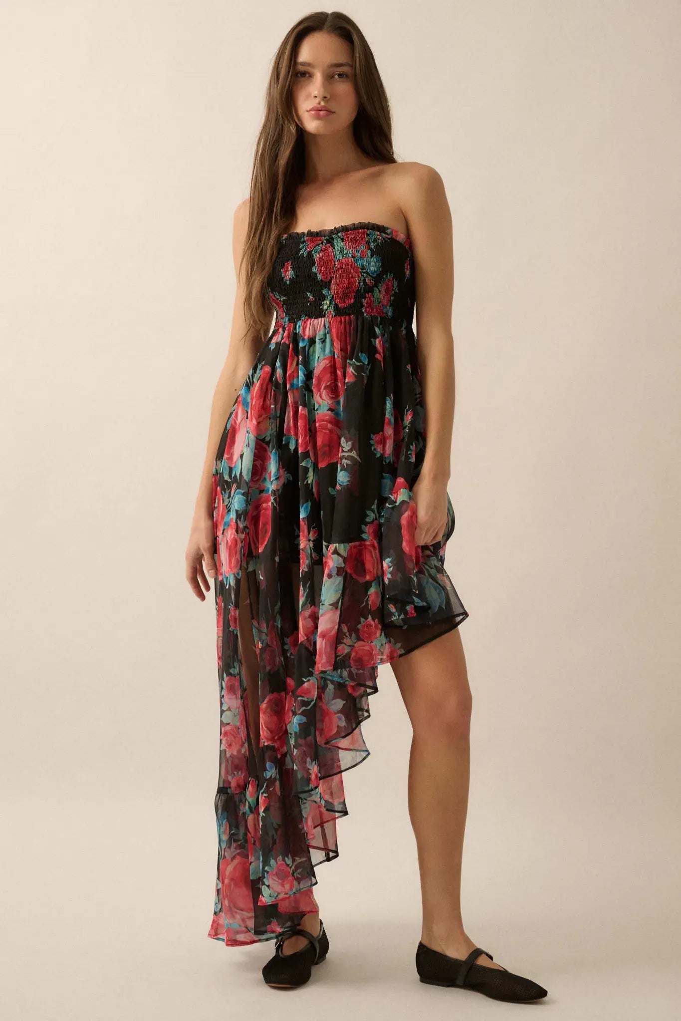 Rose Bouquet Strapless Asymmetrical Floral Dress - ShopPromesa