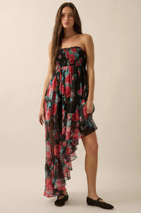 Rose Bouquet Strapless Asymmetrical Floral Dress - ShopPromesa