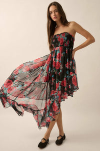 Rose Bouquet Strapless Asymmetrical Floral Dress - ShopPromesa