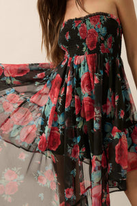 Rose Bouquet Strapless Asymmetrical Floral Dress - ShopPromesa