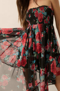 Rose Bouquet Strapless Asymmetrical Floral Dress - ShopPromesa