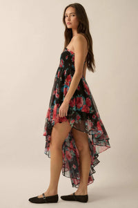 Rose Bouquet Strapless Asymmetrical Floral Dress - ShopPromesa