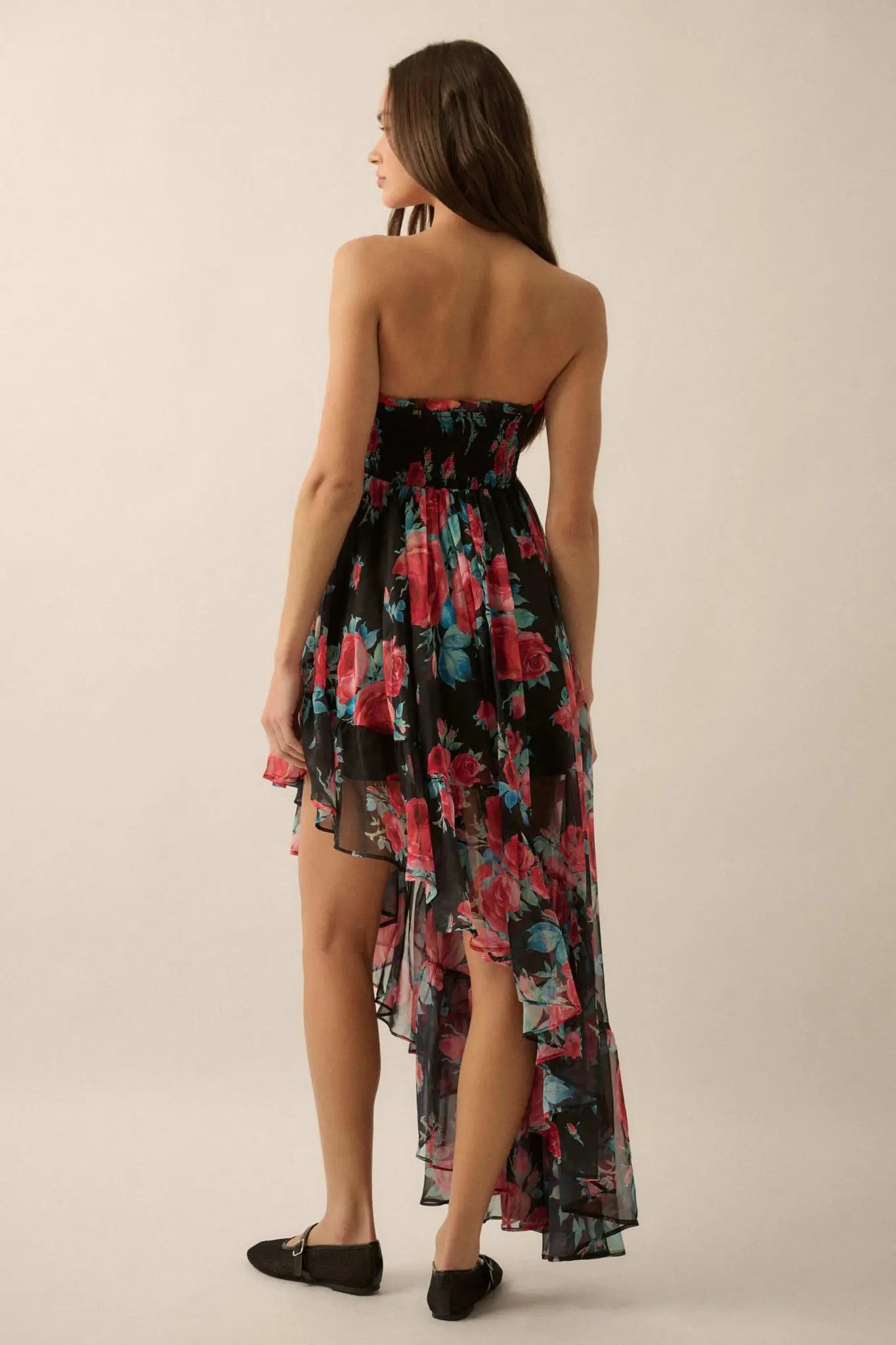 Rose Bouquet Strapless Asymmetrical Floral Dress Black / L Rose Bouquet Strapless Asymmetrical Floral Dress Black / L
