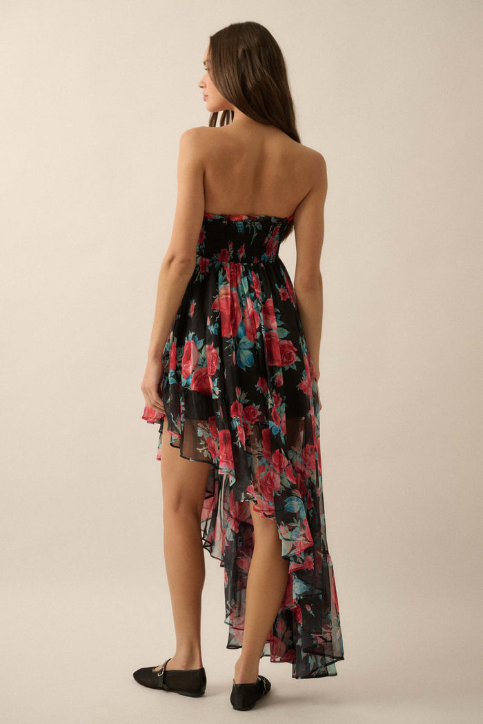 Rose Bouquet Strapless Asymmetrical Floral Dress - ShopPromesa