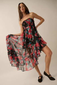 Rose Bouquet Strapless Asymmetrical Floral Dress - ShopPromesa