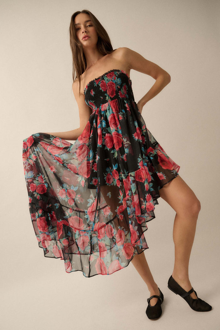 Rose Bouquet Strapless Asymmetrical Floral Dress - ShopPromesa