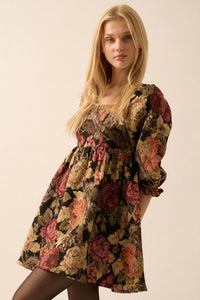 Haute Harvest Floral Tapestry Babydoll Mini Dress - ShopPromesa