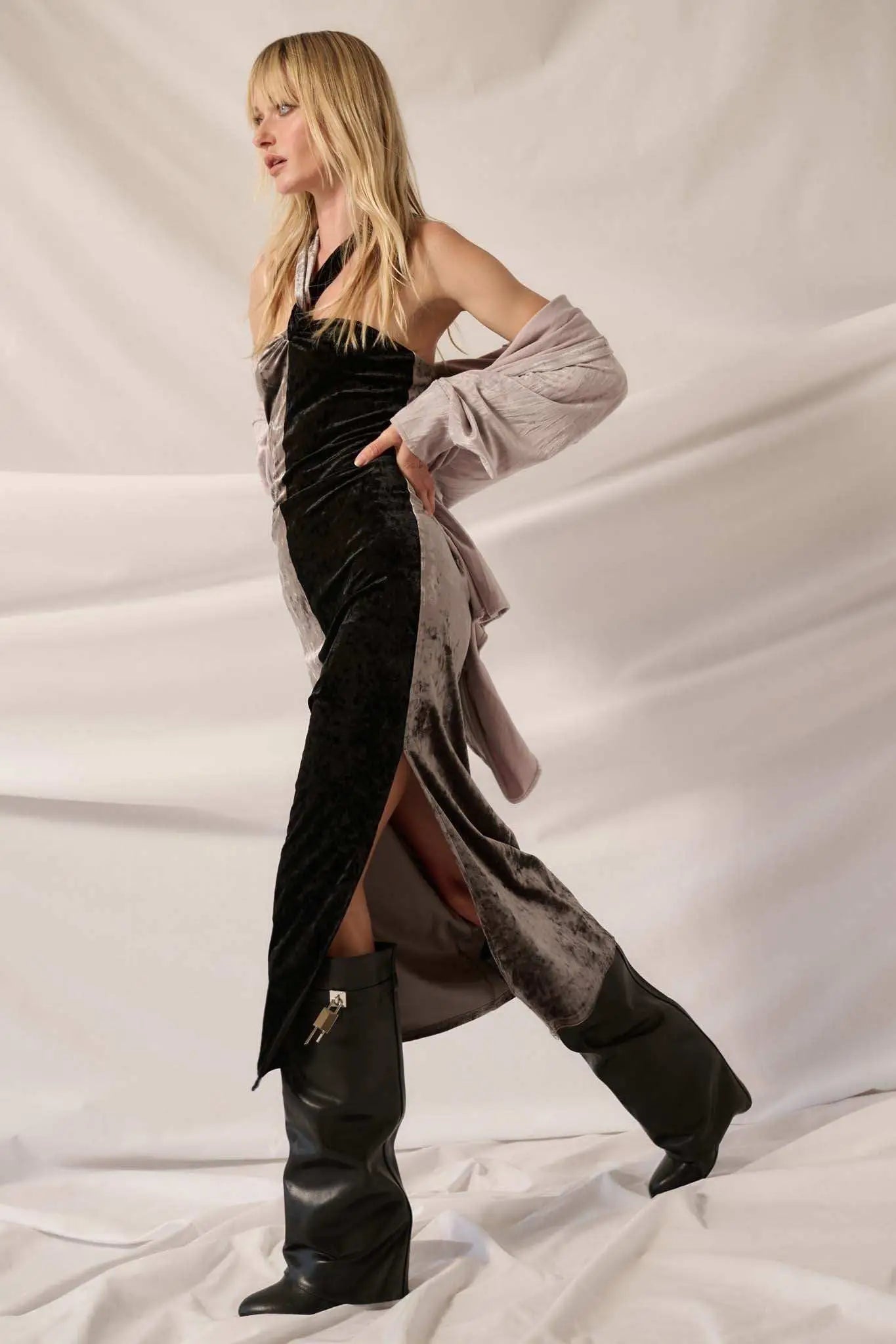 Two Timer Colorblock Velvet Halter Maxi Dress, Gunmetal / L Two Timer Colorblock Velvet Halter Maxi Dress, Gunmetal / L