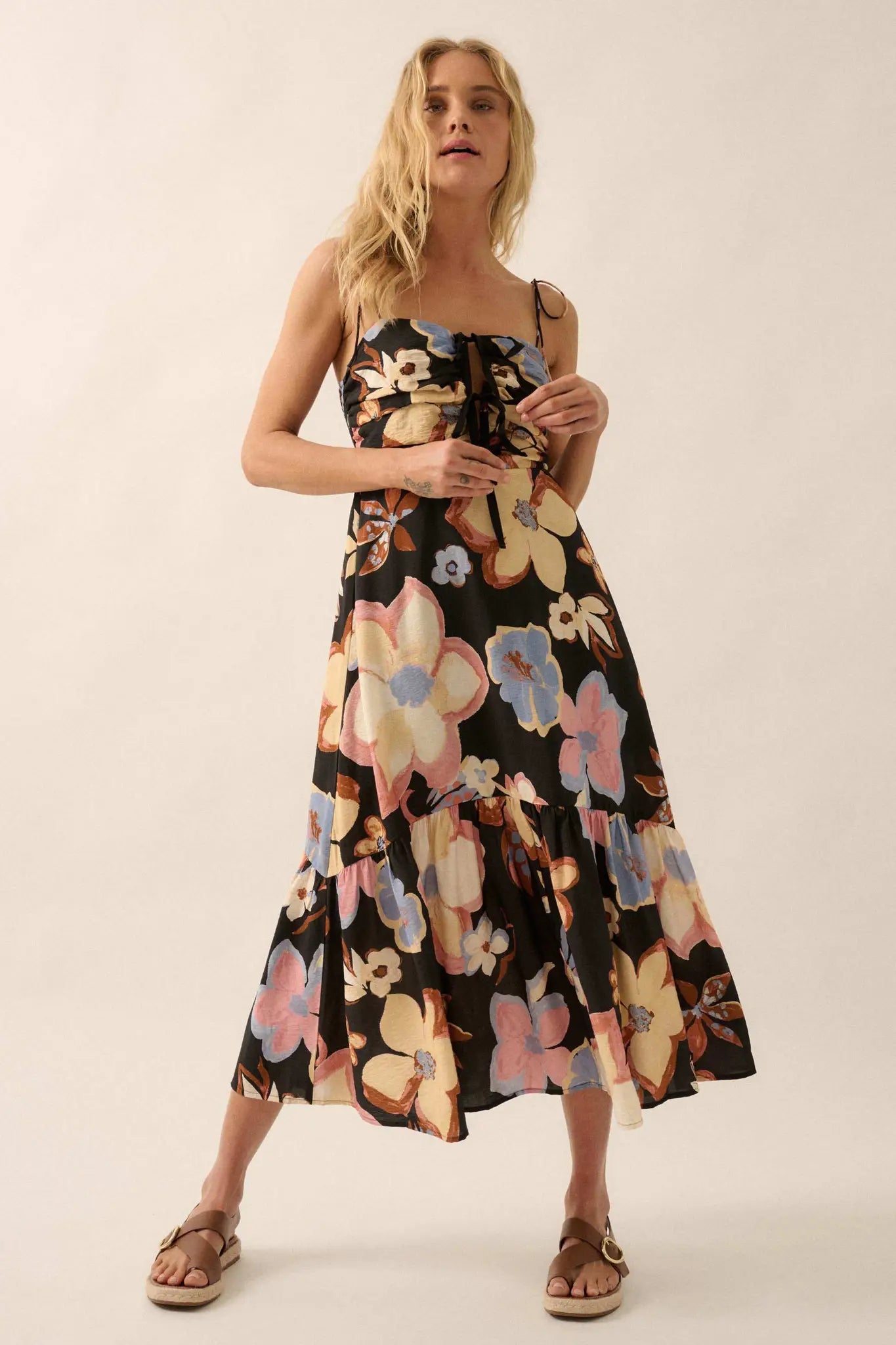 Grow for It Textured Floral Tie-Front Midi Dress - ShopPromesa