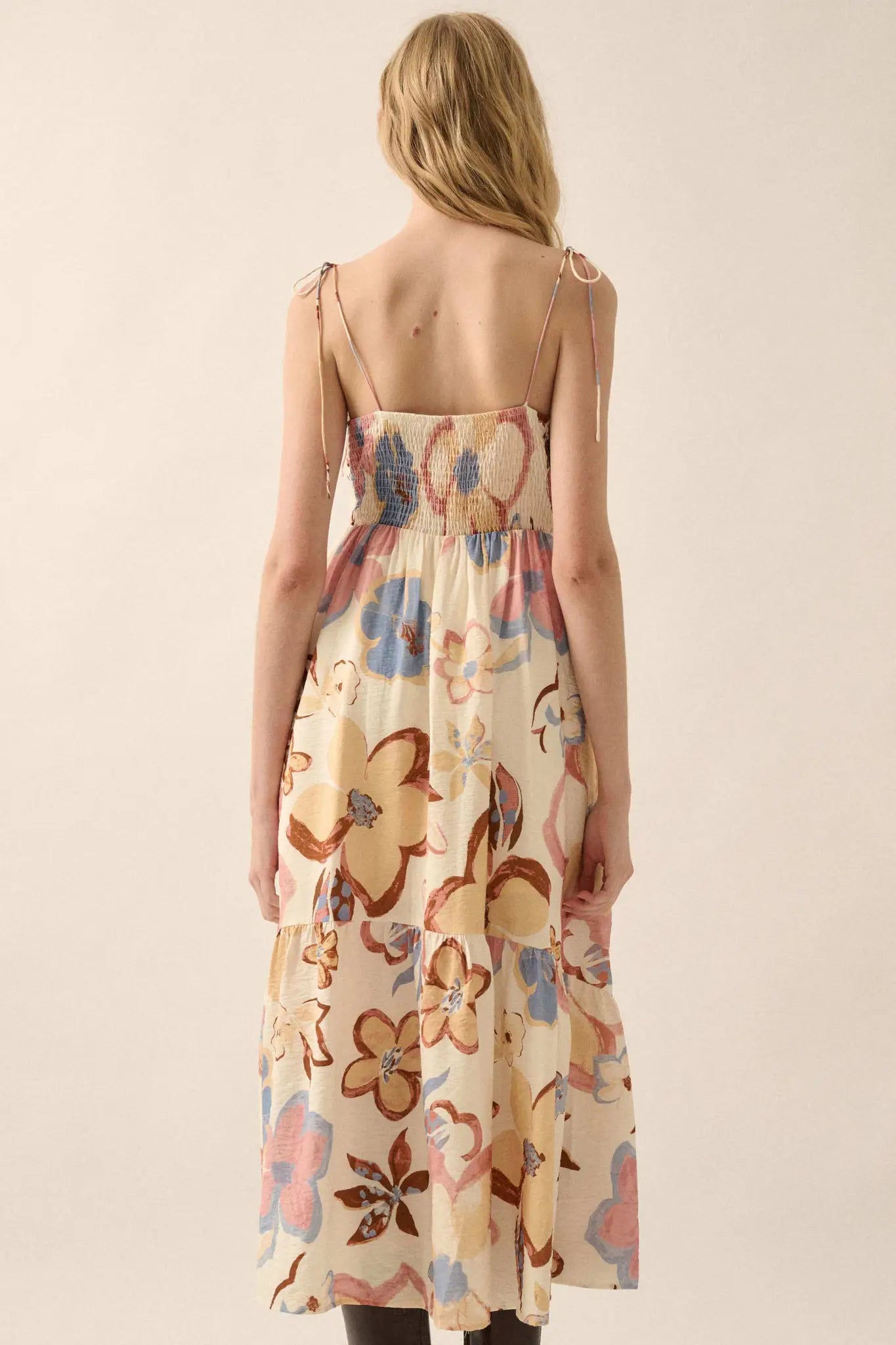 Grow for It Textured Floral Tie-Front Midi Dress Cream / M Grow for It Textured Floral Tie-Front Midi Dress Cream / M