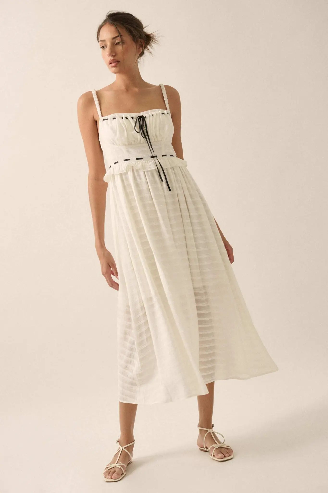 Sweet Prelude Striped Ribbon-Trim Midi Dress - ShopPromesa