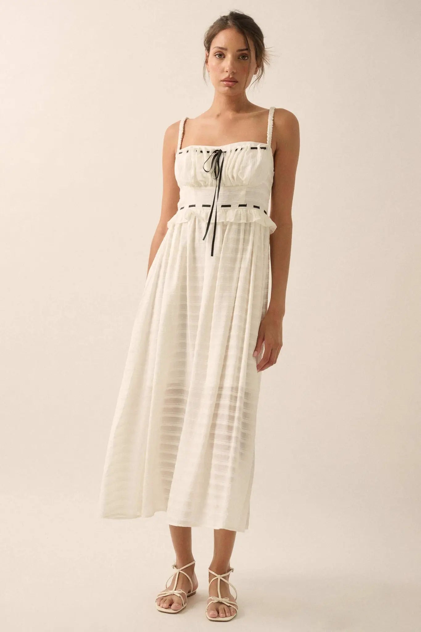 Sweet Prelude Striped Ribbon-Trim Midi Dress - ShopPromesa