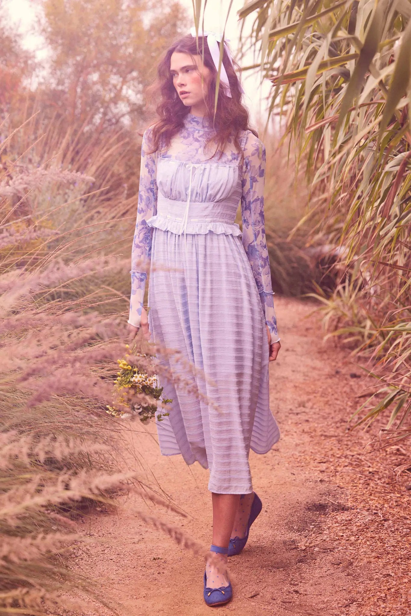 Sweet Prelude Striped Ribbon-Trim Midi Dress Off White / M