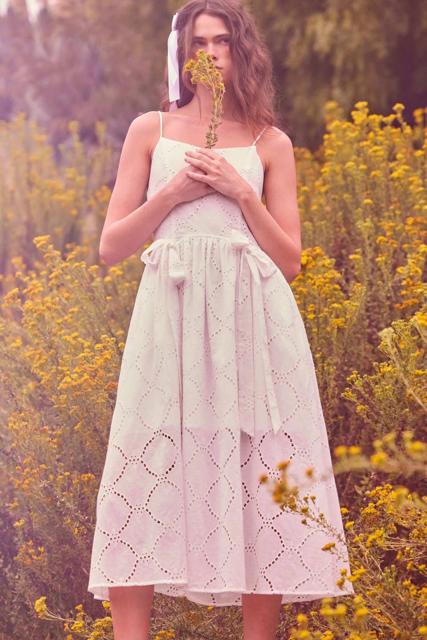 Sunday Girl Eyelet Lace Bow-Detail Midi Dress - ShopPromesa