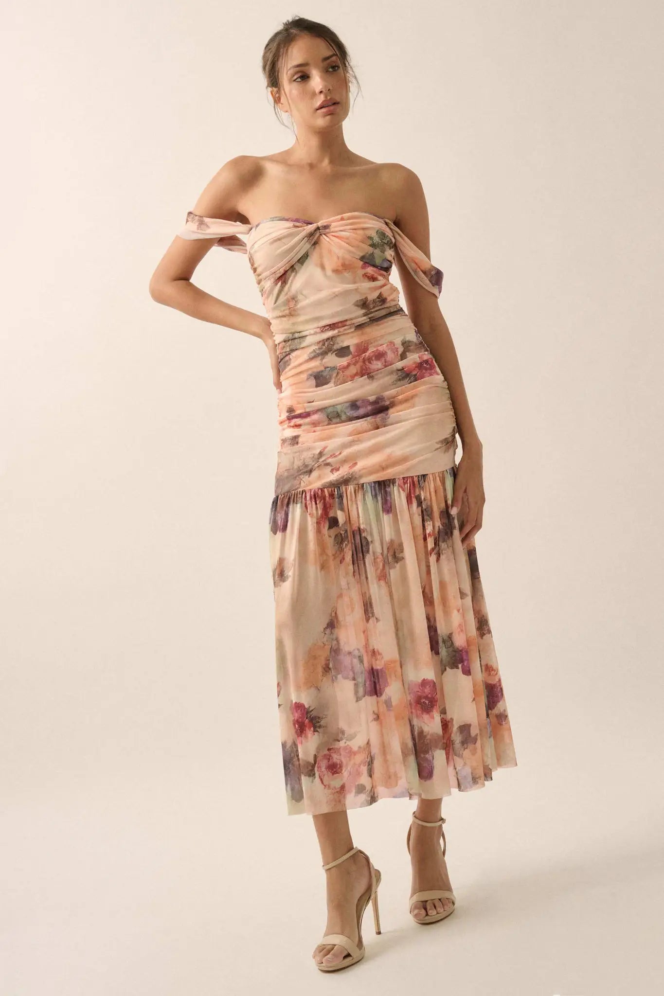 Blushing Blooms Floral Mesh Off-Shoulder Maxi Dress, Natural / S Blushing Blooms Floral Mesh Off-Shoulder Maxi Dress, Natural / S