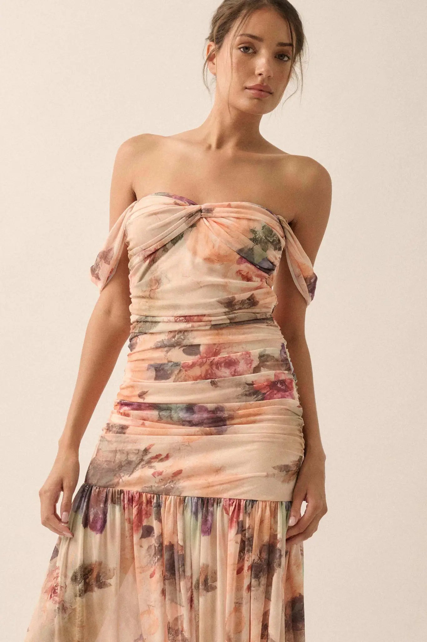 Blushing Blooms Floral Mesh Off-Shoulder Maxi Dress, Natural / S