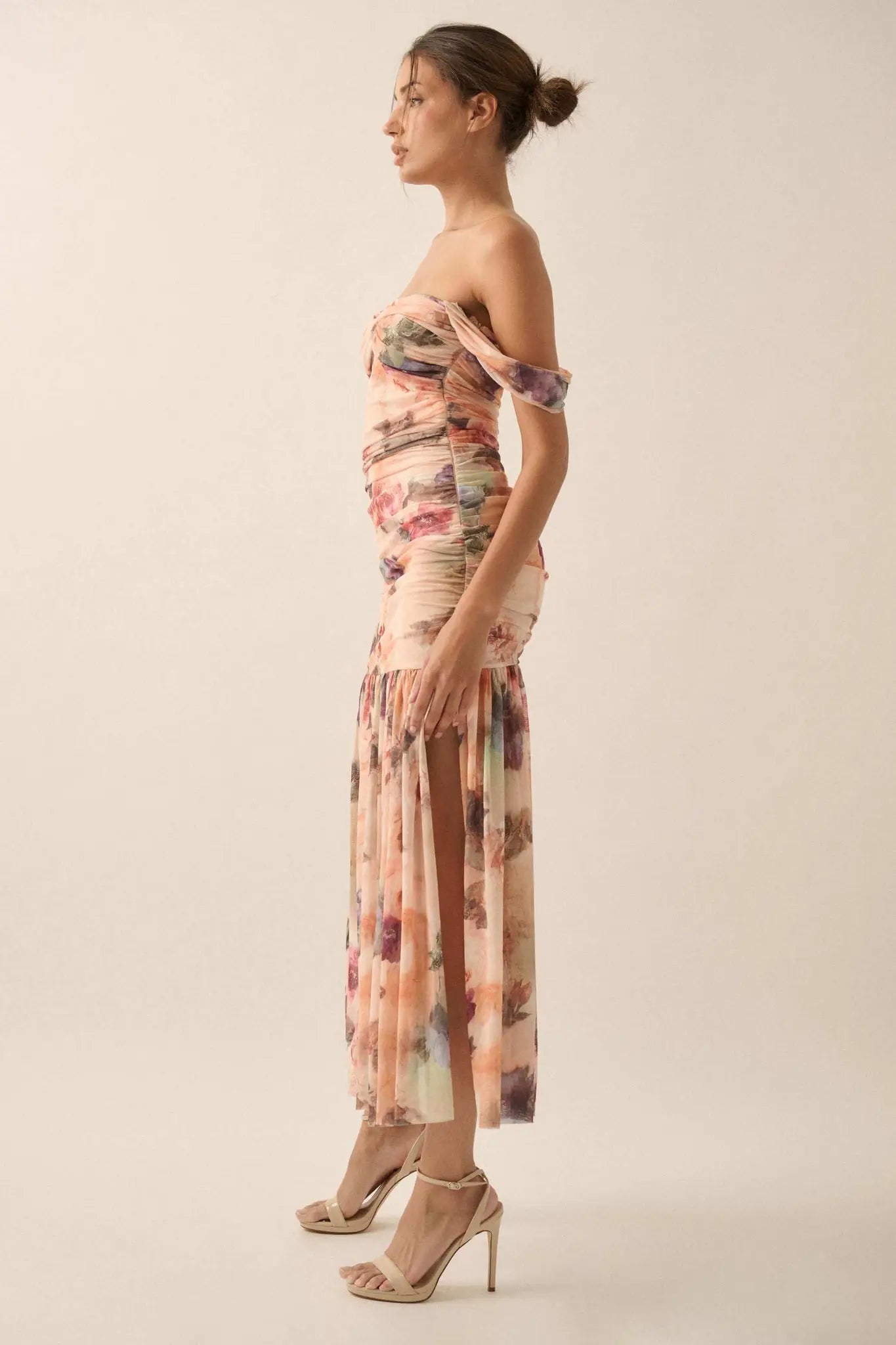 Blushing Blooms Floral Mesh Off-Shoulder Maxi Dress, Natural / S