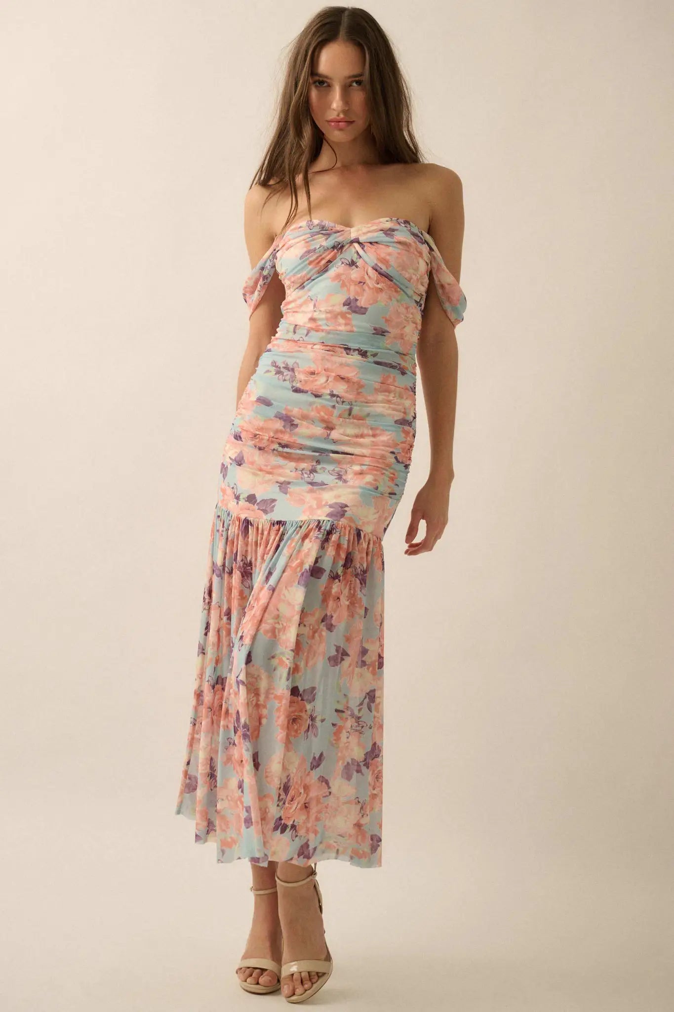 Dewy Dreams Floral Mesh Off-Shoulder Maxi Dress