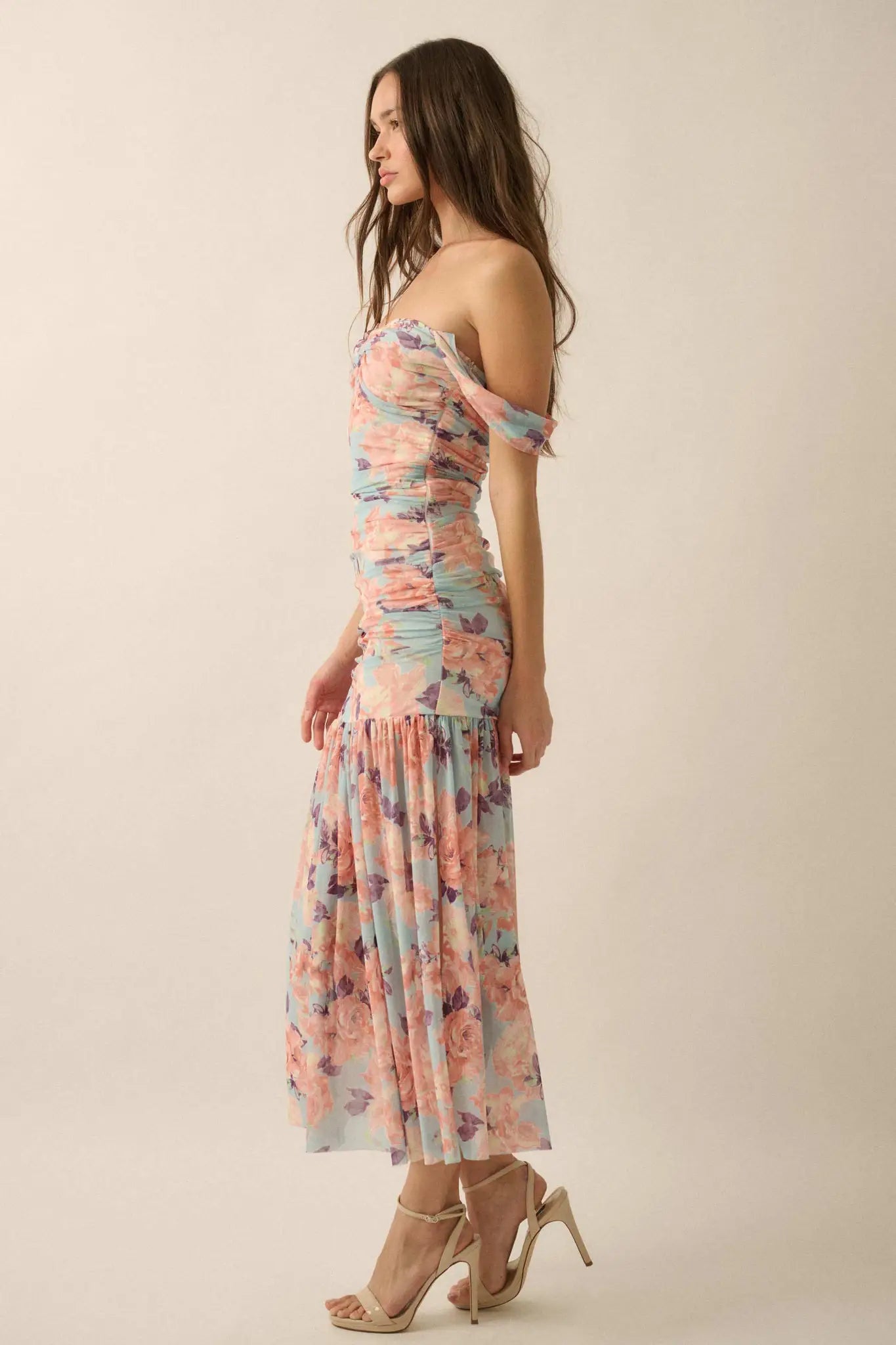 Dewy Dreams Floral Mesh Off-Shoulder Maxi Dress