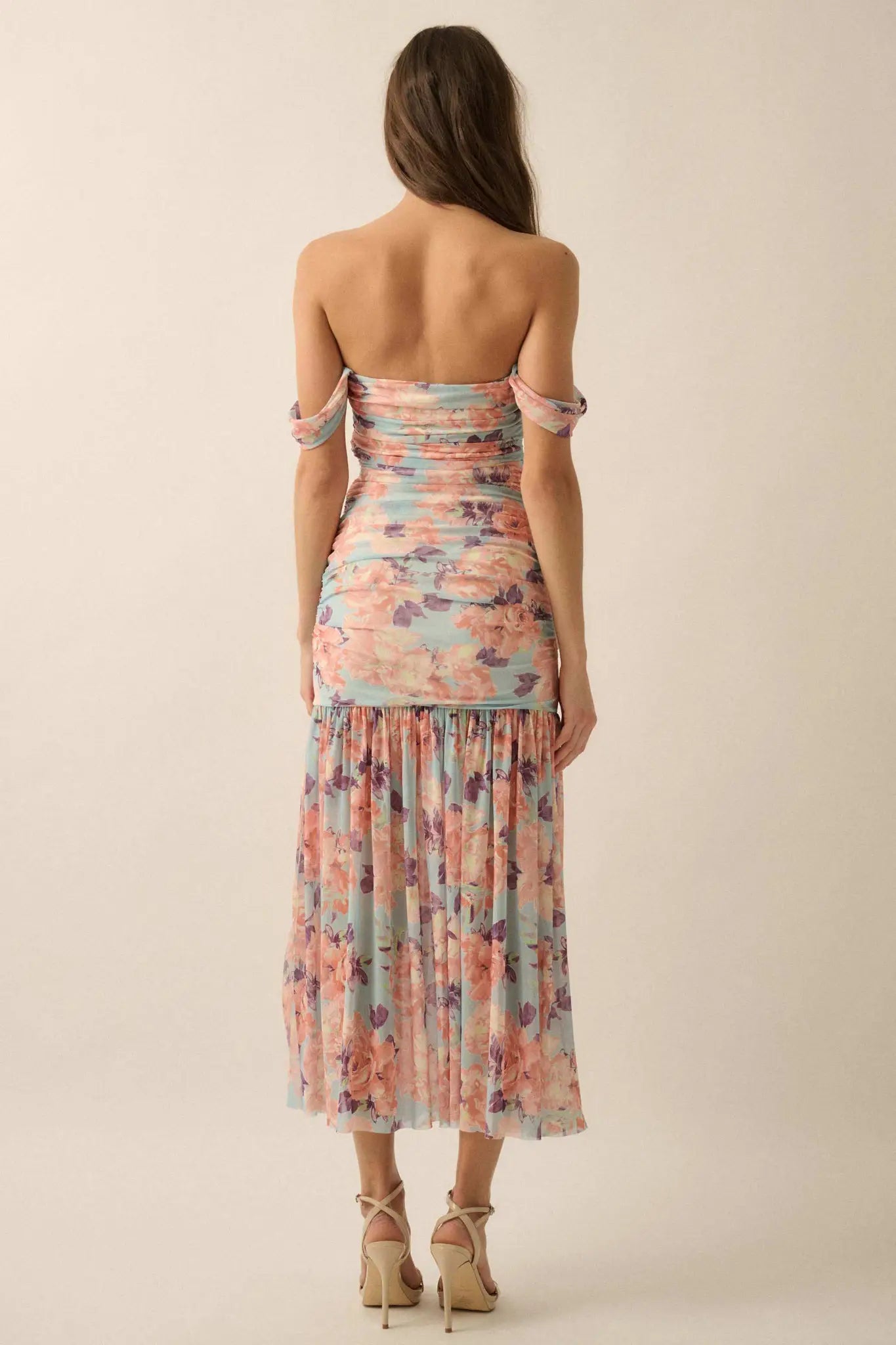 Dewy Dreams Floral Mesh Off-Shoulder Maxi Dress