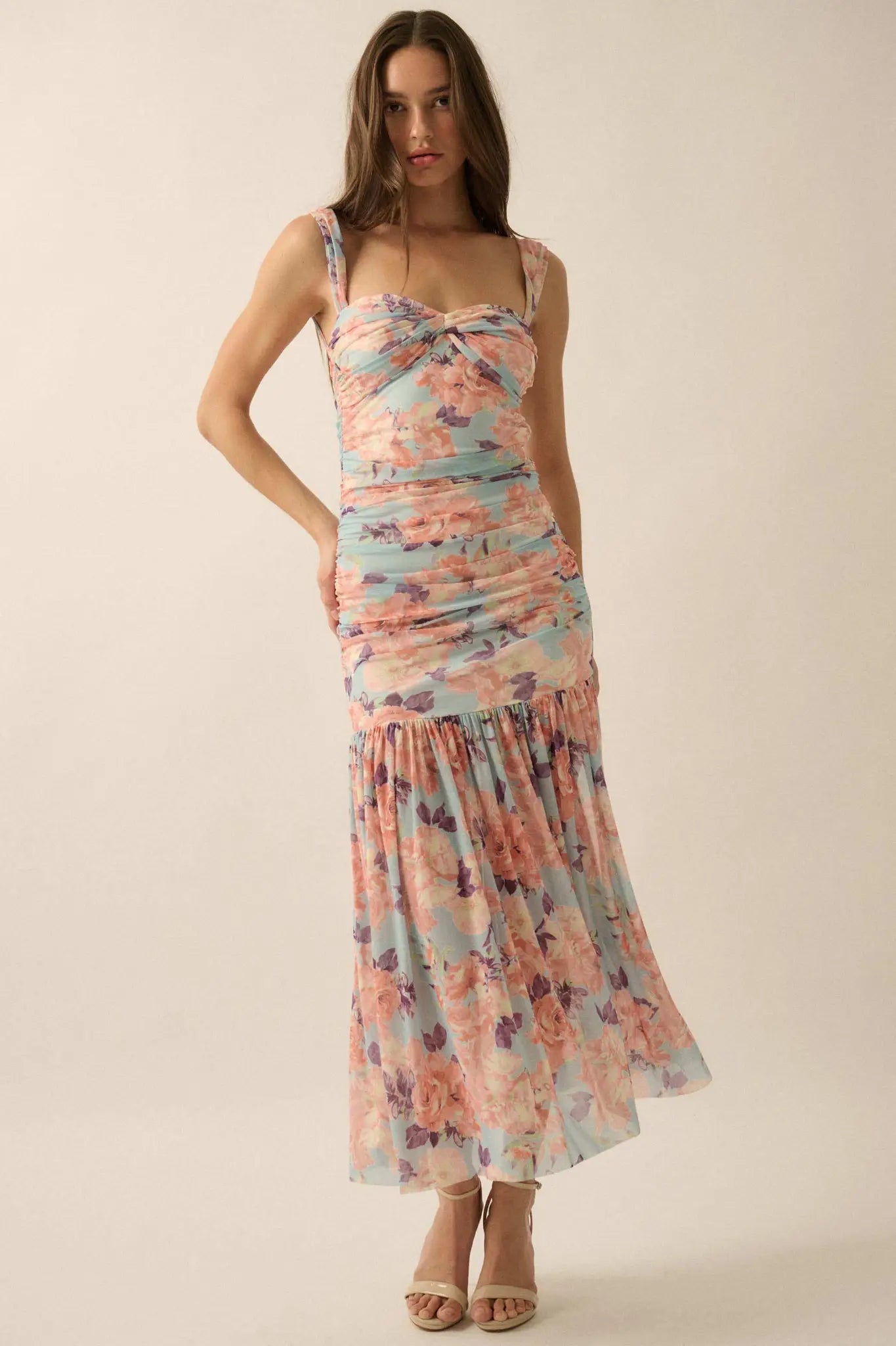 Dewy Dreams Floral Mesh Off-Shoulder Maxi Dress