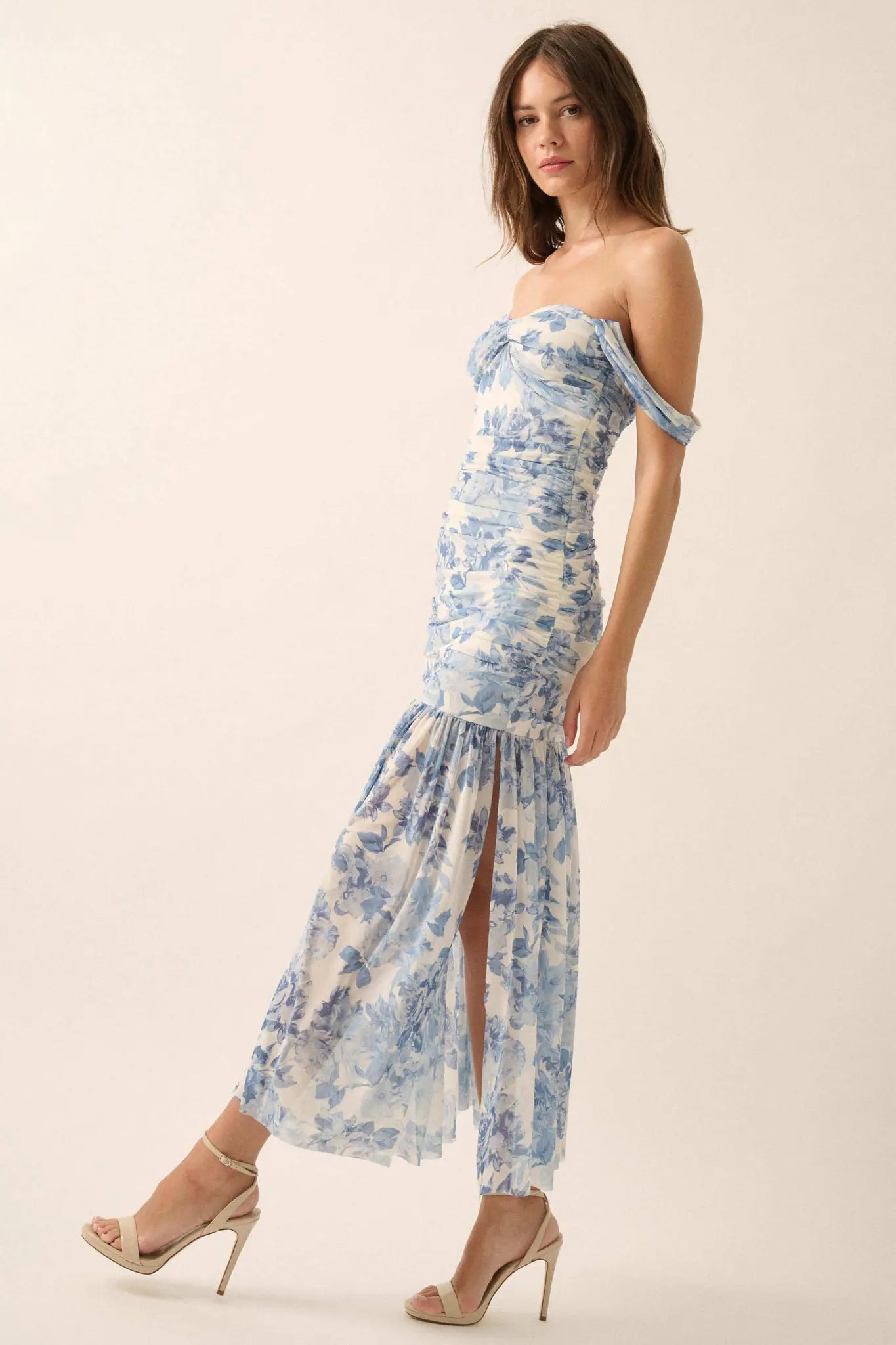 Dewy Dreams Floral Mesh Off-Shoulder Maxi Dress Blue & Peach / S Dewy Dreams Floral Mesh Off-Shoulder Maxi Dress Blue & Peach / S