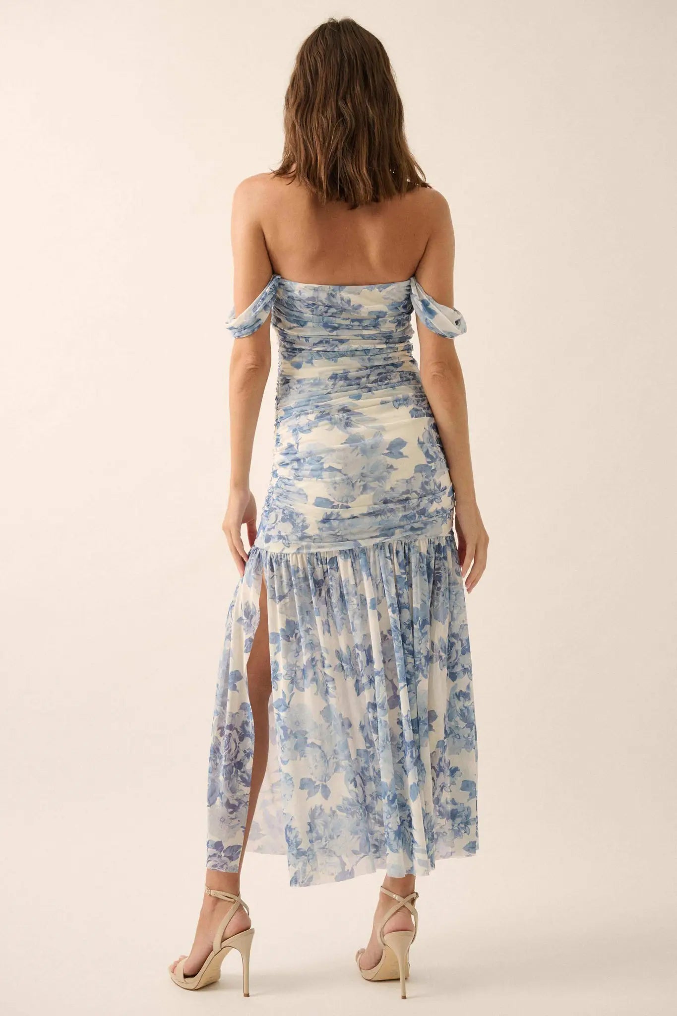 Dewy Dreams Floral Mesh Off-Shoulder Maxi Dress Blue & Peach / L Dewy Dreams Floral Mesh Off-Shoulder Maxi Dress Blue & Peach / L