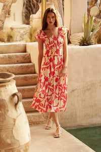 Striking Stems Abstract Floral Ruffle Midi Dress - ShopPromesa