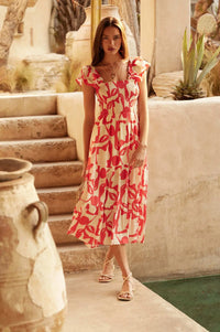 Striking Stems Abstract Floral Ruffle Midi Dress - ShopPromesa