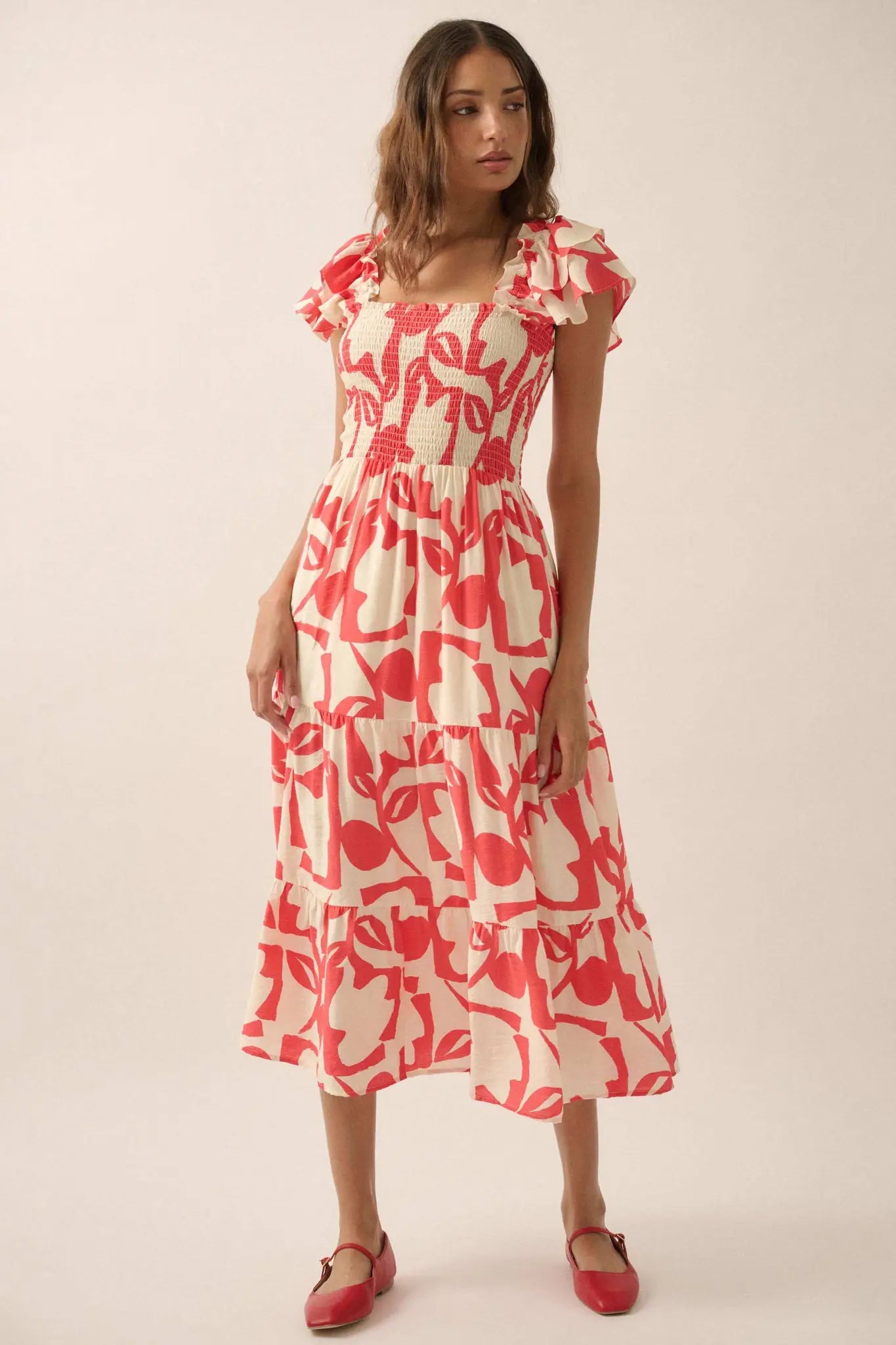 Striking Stems Abstract Floral Ruffle Midi Dress - ShopPromesa