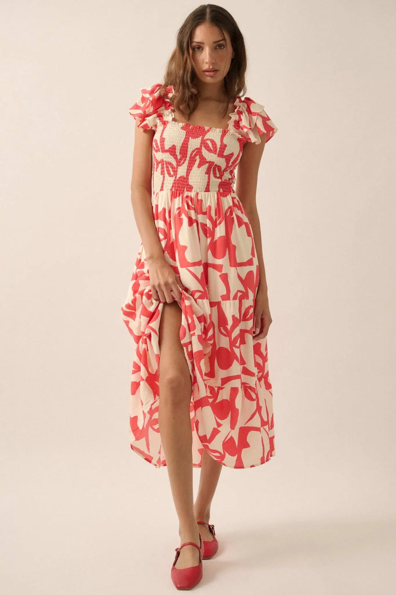 Striking Stems Abstract Floral Ruffle Midi Dress - ShopPromesa