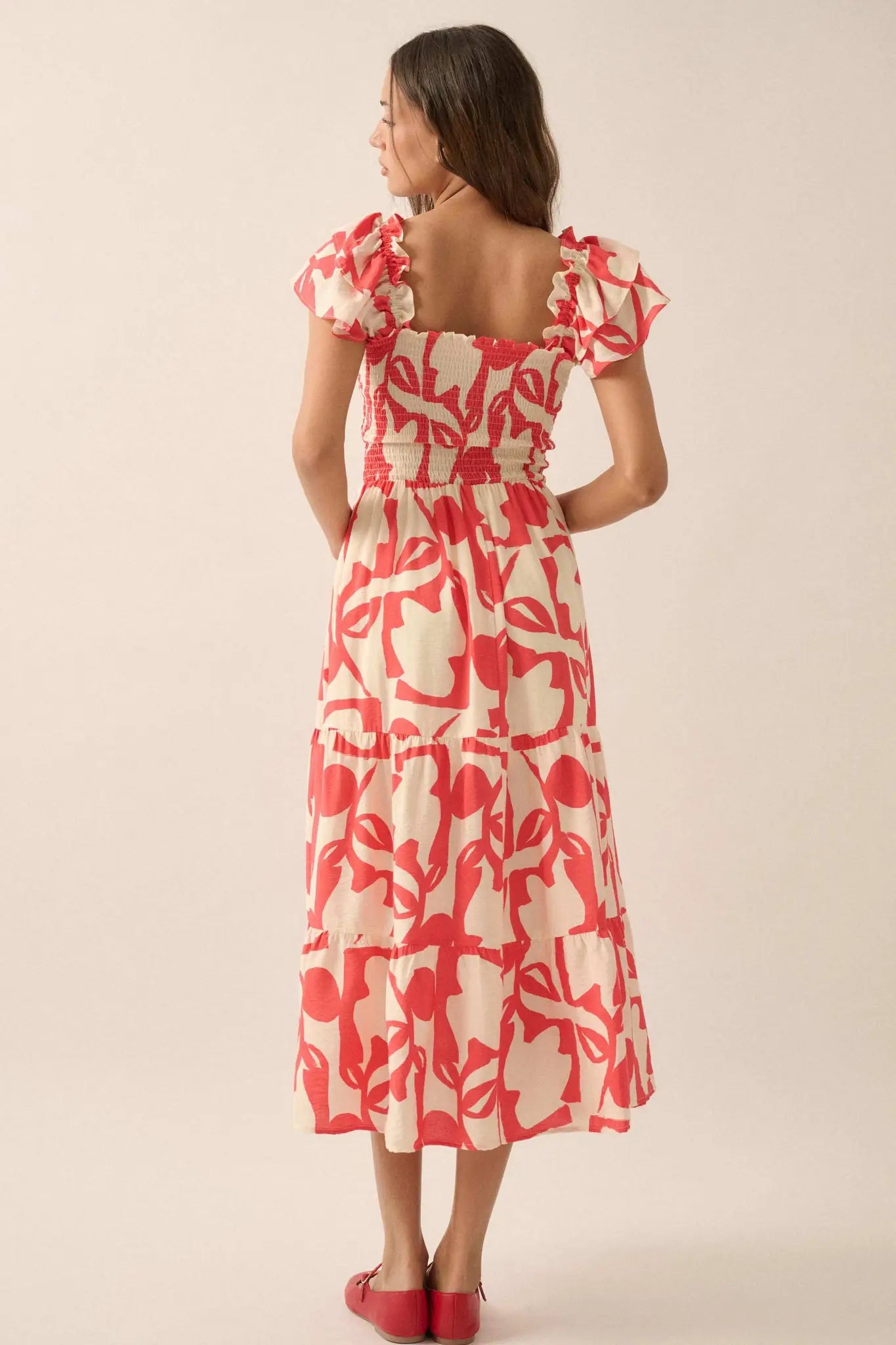 Striking Stems Abstract Floral Ruffle Midi Dress - ShopPromesa