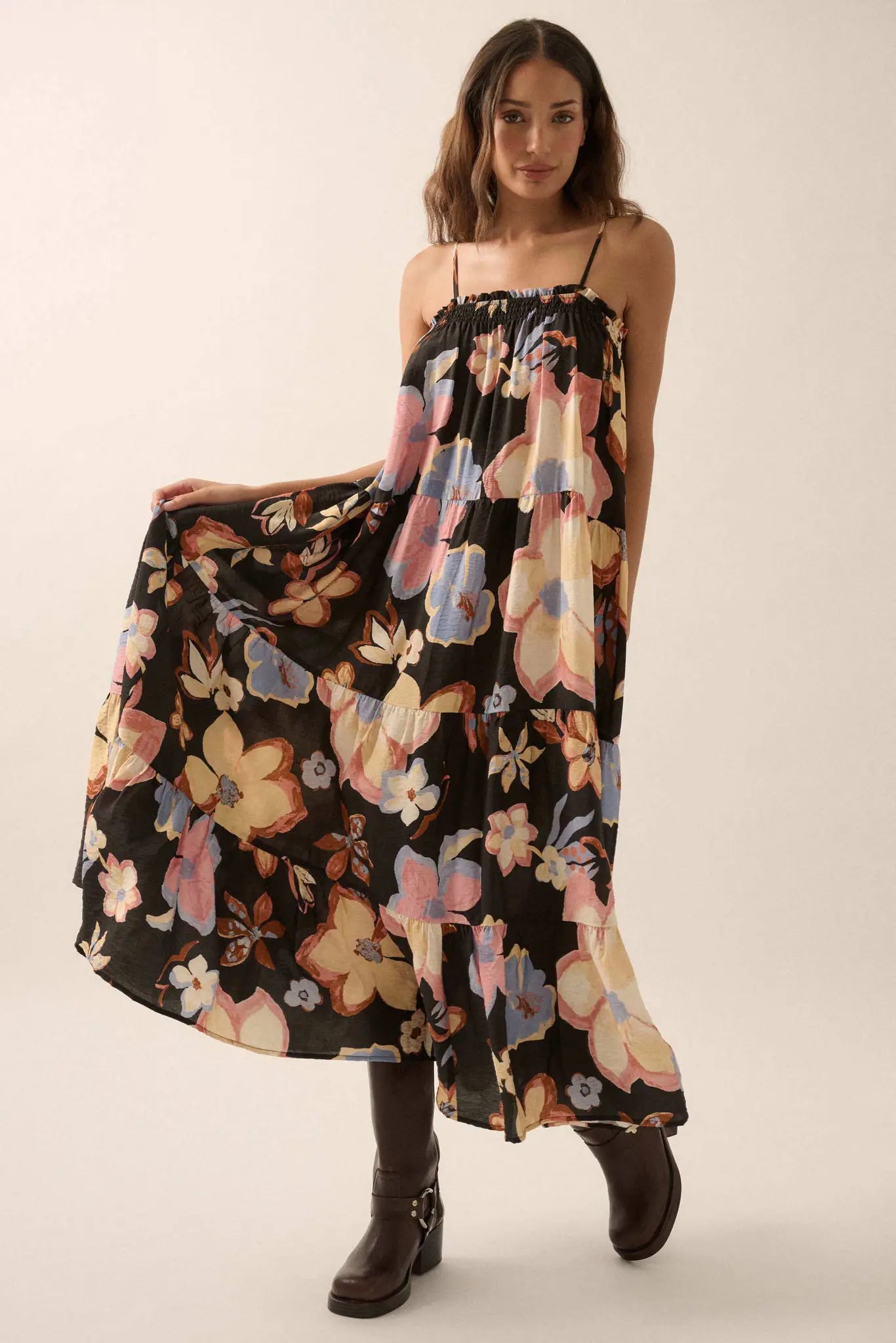 Growing Places Textured Floral Tiered Maxi Dress Black / S Growing Places Textured Floral Tiered Maxi Dress Black / S