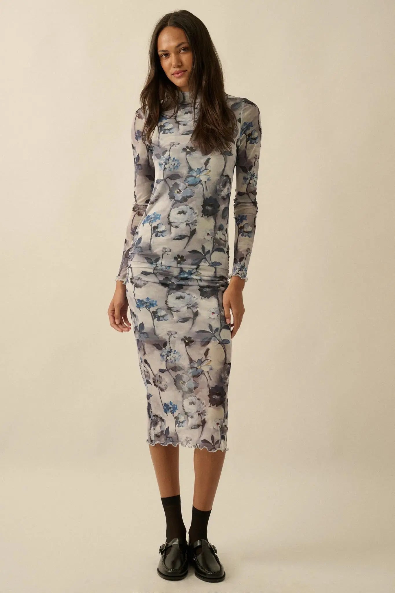 Watercolor Garden Floral Mesh Mock-Neck Midi Dress Watercolor Garden Floral Mesh Mock-Neck Midi Dress