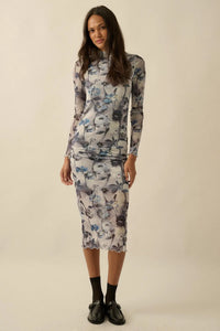 Watercolor Garden Floral Mesh Mock-Neck Midi Dress - ShopPromesa