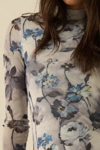 Watercolor Garden Floral Mesh Mock-Neck Midi Dress - ShopPromesa