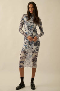 Watercolor Garden Floral Mesh Mock-Neck Midi Dress - ShopPromesa