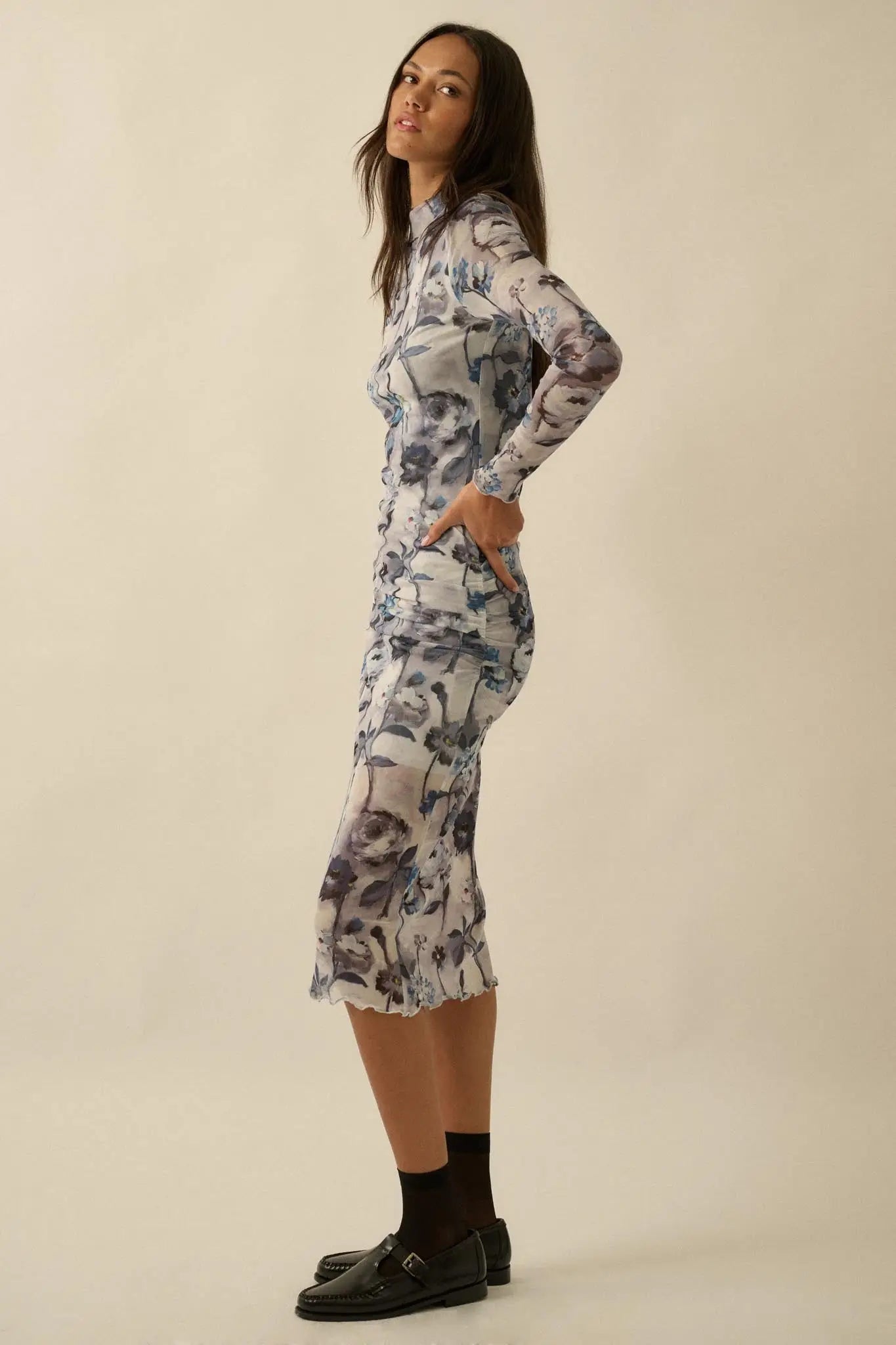 Watercolor Garden Floral Mesh Mock-Neck Midi Dress Sand / M Watercolor Garden Floral Mesh Mock-Neck Midi Dress Sand / M