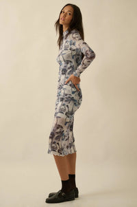 Watercolor Garden Floral Mesh Mock-Neck Midi Dress - ShopPromesa