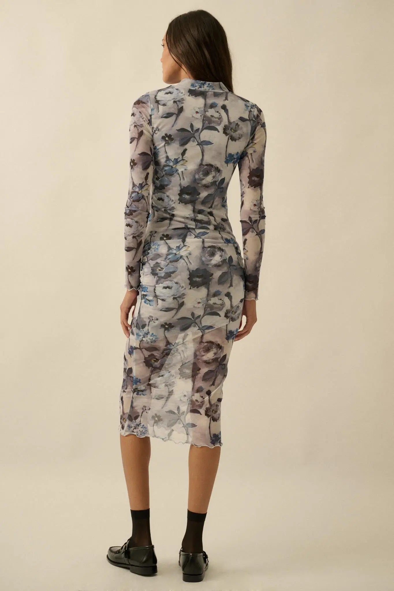 Watercolor Garden Floral Mesh Mock-Neck Midi Dress - ShopPromesa