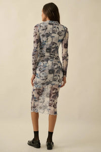 Watercolor Garden Floral Mesh Mock-Neck Midi Dress - ShopPromesa