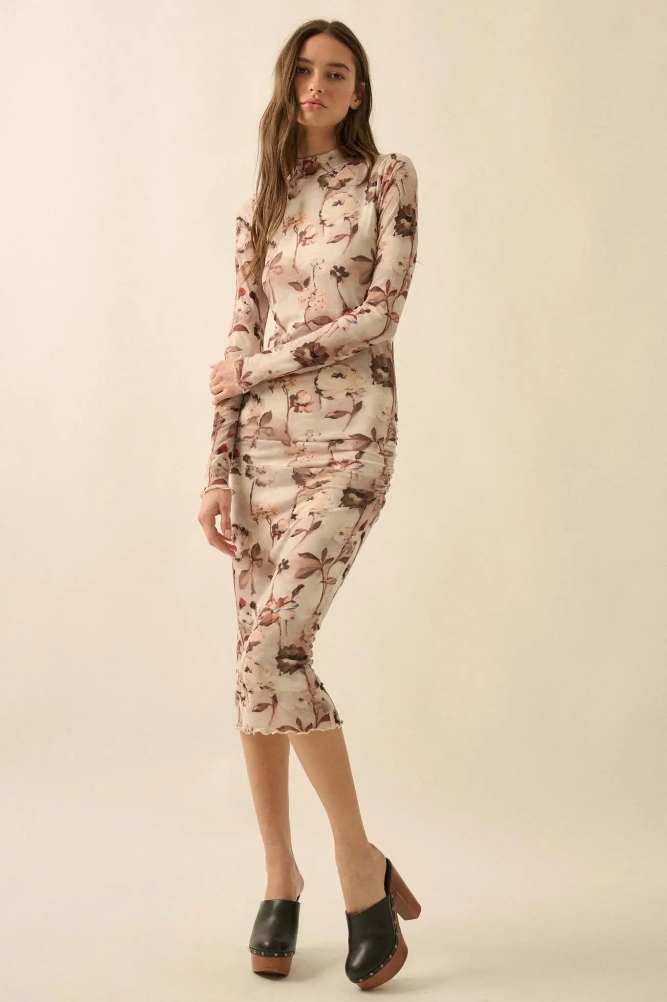 Watercolor Garden Floral Mesh Mock-Neck Midi Dress - ShopPromesa